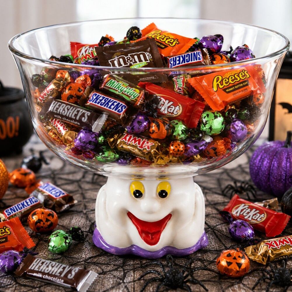 Anchor Hocking Halloween Ghost 10" Glass Pedestal Candy Serving Bowl Vintage NOS